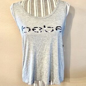 NWT Bebe Top Medium Grey Sleeveless Bebe Logo Mesh Stripe Design Rayon Spandex